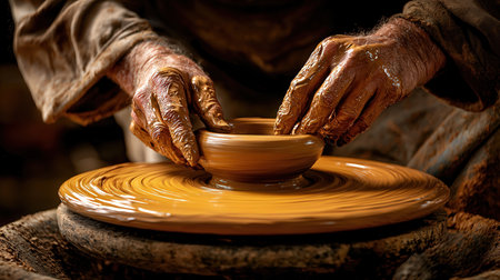 hands of a potter, creating an earthen jar on the circleの素材