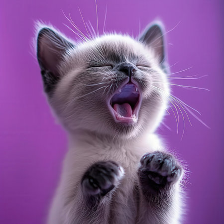 Cute cat yawning on a purple background. Close-up.の素材