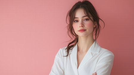 Portrait of a young beautiful girl in a white shirt on a pink backgroundの素材