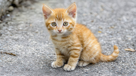 Cute little orange kitten sit on the ground in the garden.の素材