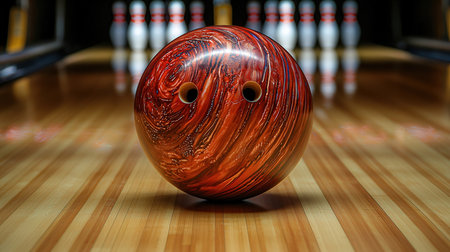 Bowling ball and pins on the bowling alley. 3d illustrationの素材