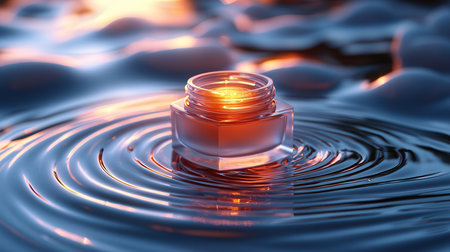 close up of a cream bottle on water surface with ripples and ripplesの素材