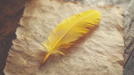Yellow feather on old paper on a wooden background. Vintage style.の素材
