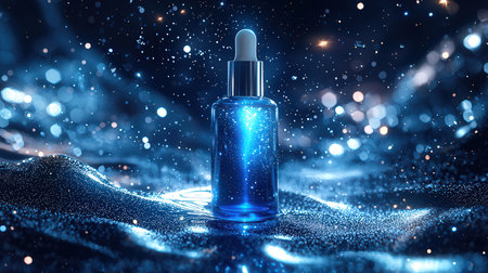 Cosmetic bottle with pipette on blue background. 3D renderingの素材