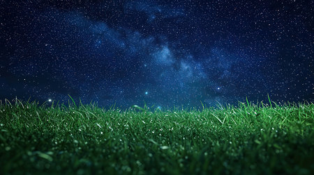 Night sky with stars and green grass. 3d render illustration.の素材