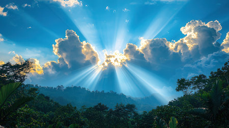 Beautiful sunset in the jungle with sun rays shining through the cloudsの素材