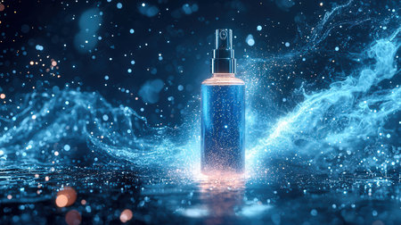 Cosmetic spray bottle with blue glowing particles on dark background. 3D renderingの素材