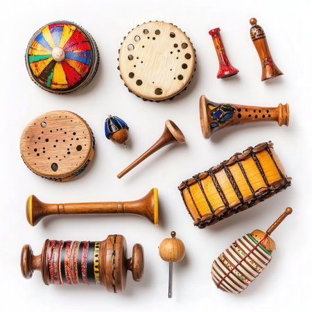 Set of African musical instruments isolated on a white background. Top view.の素材