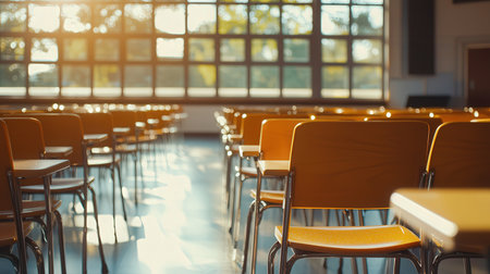 Empty classroom with rows of orange chairs and window in the background.の素材