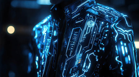 Futuristic cyborg with glowing circuit board. 3d renderingの素材