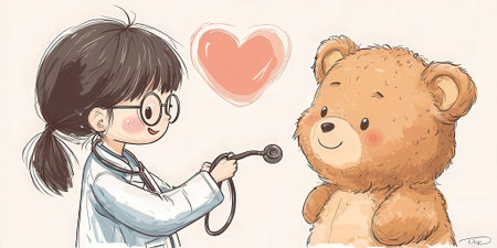Illustration of a cute teddy bear and a doctor with a stethoscopeの素材