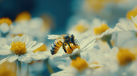 Bee on chamomile flower, macro shot, shallow depth of fieldの素材