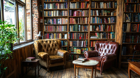 interior of a book store with bookshelf and armchairの素材