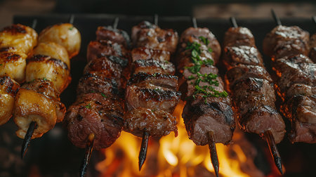 Grilled kebab on skewers on barbecue grill, closeupの素材