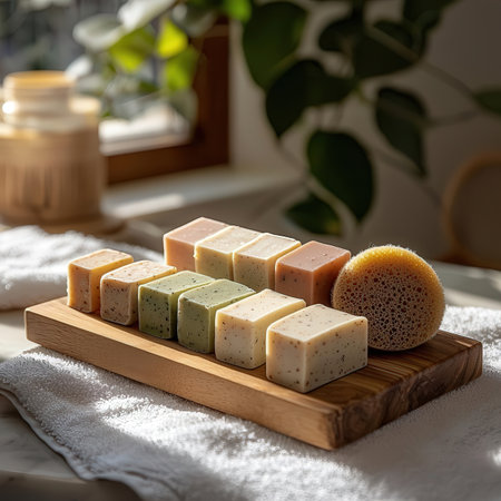 Natural handmade soap bars on a wooden board. Spa and body care concept.の素材