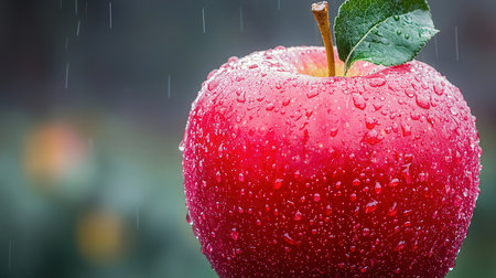 Red apple with drops of water on a green background in the rainの素材