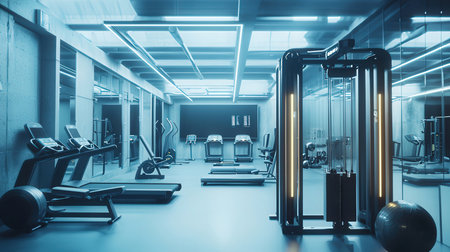 Interior of a modern fitness hall with equipment. 3d renderingの素材