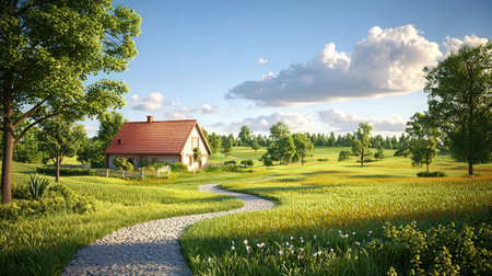 Countryside landscape with green meadow and old house in Poland.の素材