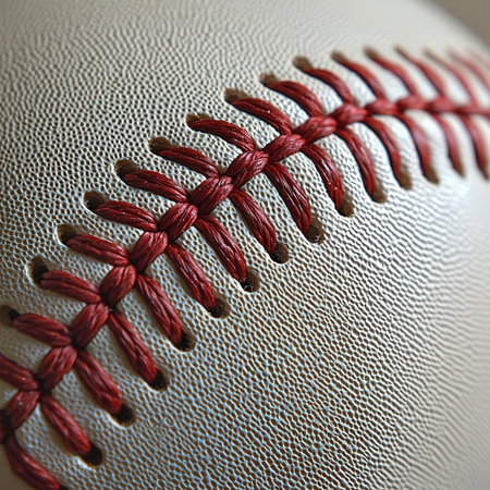 Close-up of a baseball ball with a red stitching on a white backgroundの素材