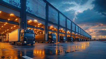 Trucks in a warehouse at sunset. Cargo transportation concept.の素材