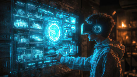 Young man wearing virtual reality goggles and touching hologram screen in dark roomの素材