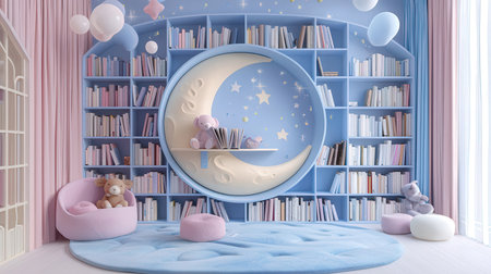 Interior of children's room with bookshelf and moon. 3D renderingの素材