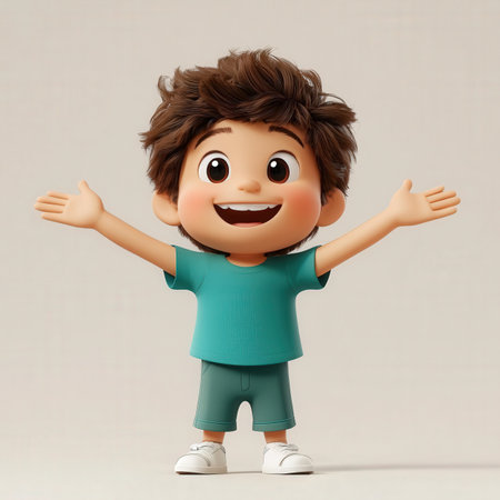 3D Render of Cute Little Boy with Arms Raised Upの素材