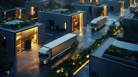 3d rendering of a modern city at night with lights and carsの素材