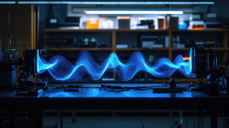 Futuristic sound wave in a dark room. 3d renderingの素材