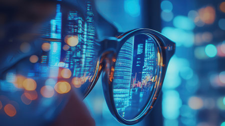 Businessman in glasses and stock market data on the background of the night cityの素材