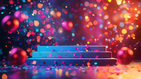 Stairs with confetti and red balloons on bokeh backgroundの素材