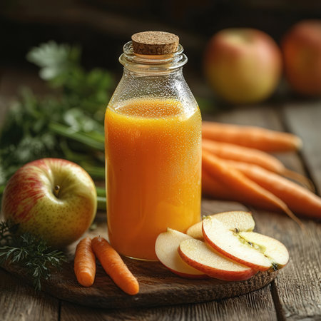 Bottle of carrot juice with fresh apples and carrots on wooden backgroundの素材