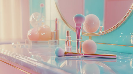 Makeup products on the mirror background. 3d rendering toned imageの素材