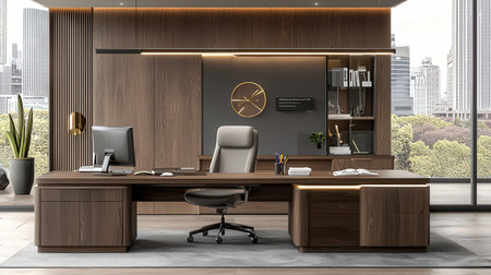 Corner of modern office with wooden walls, concrete floor, panoramic window with Singapore cityscape and wooden desk. 3d renderingの素材