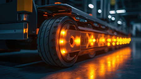 Modern semi-trailer truck with LED lights in the warehouse.の素材