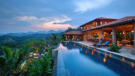 Luxury villa with swimming pool at sunset, Thailand.の素材