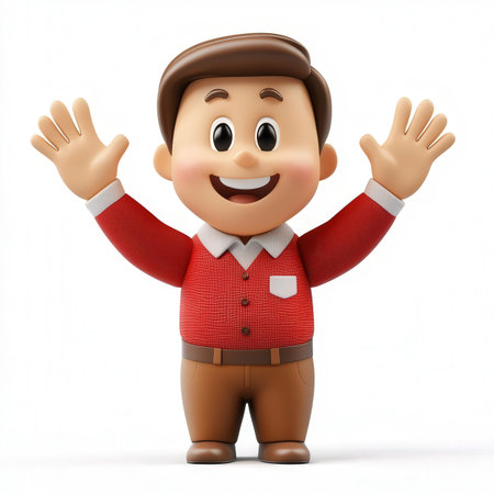 3d illustration of a cartoon character with a red shirt and bow tieの素材