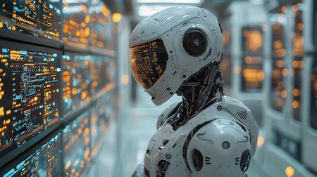 3d rendering humanoid robot working in data center with binary code.の素材
