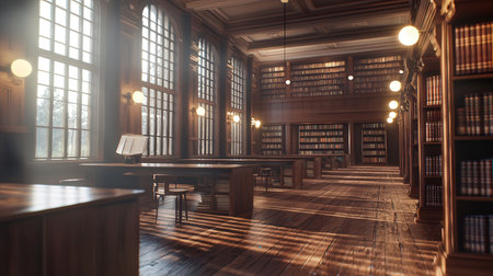 3d rendering of a library interior with bookshelves and a wooden floorの素材