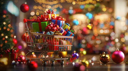 Shopping cart with Christmas gifts on blurred background. Christmas shopping conceptの素材