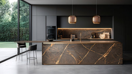 Interior of modern kitchen with gray walls, concrete floor, black countertops with built in sink and cooker and bar with stools. 3d renderingの素材
