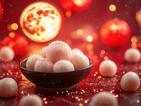 Christmas balls with snowflakes and bokeh lights on red backgroundの素材