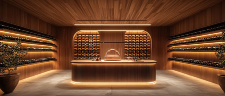 Interior of a modern wine cellar with a wooden floor, wooden walls and shelves with bottles of wine. 3d renderingの素材