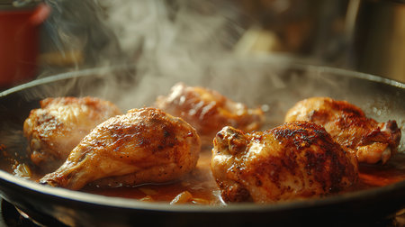 roasted chicken in a frying pan, close-up, selective focusの素材