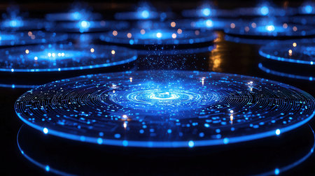 abstract blue background with glowing particles, 3d rendering computer digital illustrationの素材