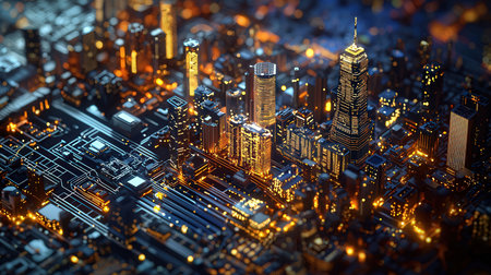 3d illustration of a modern city at night. The concept of urban life.の素材