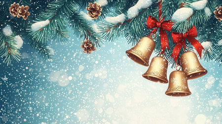 Christmas background with fir branches, cones and bells. Vector illustration.の素材