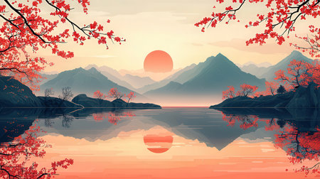 Beautiful landscape with lake and mountains at sunset, vector illustration.の素材