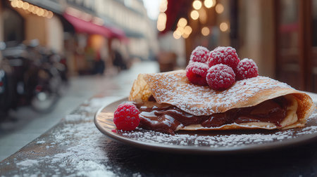 Crepes with chocolate and raspberries on a plate.の素材