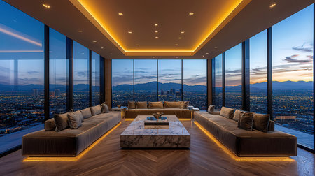 Luxury living room interior with panoramic window overlooking the cityの素材